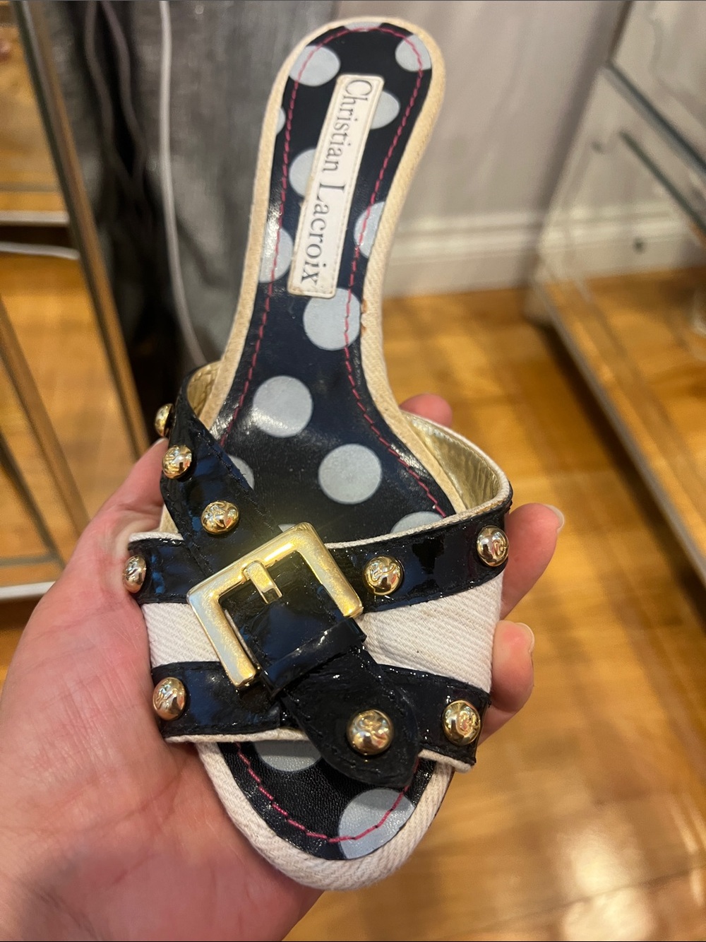 Christian Lacroix Black Patent & White Polka Dot Buckle Slide